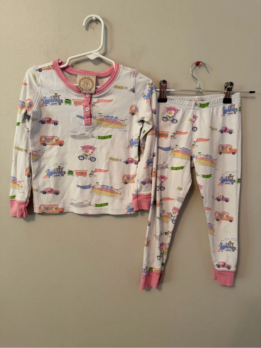 The Beaufort Bonnet Company Pink Trim White Vehicle Print Pajama Set